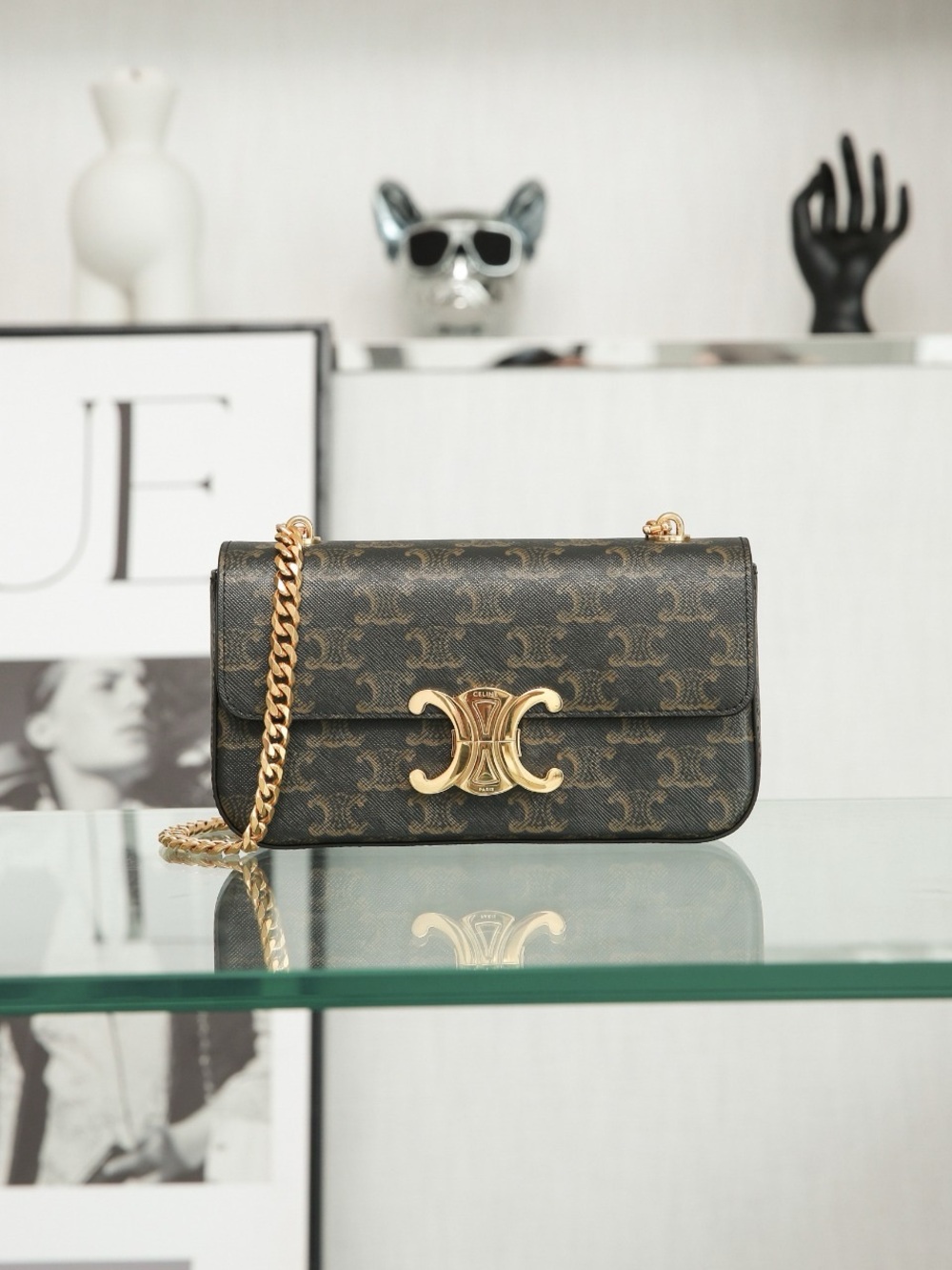 Celine Triomphe Monogram Chain Shoulder Bag in Dark Brown with Gold Hardware